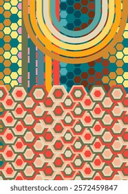 Retro 70s Background. Groovy abstract 1970s art template. Vintage striped design poster. Old-fashioned rainbow color artwork.