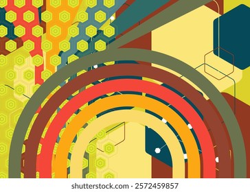 Retro 70s Background. Groovy abstract 1970s art template. Vintage striped design poster. Old-fashioned rainbow color artwork.