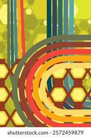 Retro 70s Background. Groovy abstract 1970s art template. Vintage striped design poster. Old-fashioned rainbow color artwork.