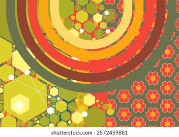 Retro 70s Background. Groovy abstract 1970s art template. Vintage striped design poster. Old-fashioned rainbow color artwork.