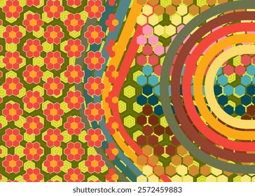 Retro 70s Background. Groovy abstract 1970s art template. Vintage striped design poster. Old-fashioned rainbow color artwork.
