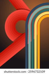 Retro 70s Background. Groovy abstract 1970s art template. Minimalistic Vintage striped design poster. Old-fashioned rainbow color artwork.