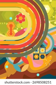 Retro 70s Background. Groovy abstract 1970s art template. Minimalistic Vintage striped design poster. Old-fashioned rainbow color artwork.