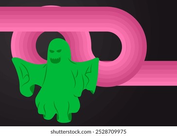 Retro 70s Background with Halloween Ghost. Groovy Holiday 1970s art template. Minimalistic Vintage design poster. Old-fashioned color artwork.