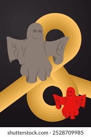 Retro 70s Background with Halloween Ghost. Groovy Holiday 1970s art template. Minimalistic Vintage design poster. Old-fashioned color artwork.