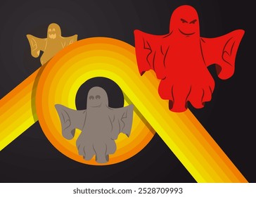 Retro 70s Background with Halloween Ghost. Groovy Holiday 1970s art template. Minimalistic Vintage design poster. Old-fashioned color artwork.