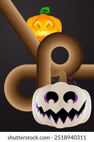 Retro 70s Background with Halloween Jack O' Lantern. Groovy spooky 1970s art template. Minimalistic Vintage design pumpkin poster. Old-fashioned color artwork.