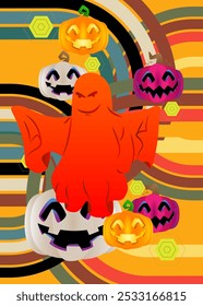 Retro 70s Background com Halloween Jack O' Lantern Pumpkin e Ghost. Dia das Bruxas assustador Groovy. Modelo de arte dos anos 70. Cartaz de design minimalista Vintage. Arte colorida antiquada.