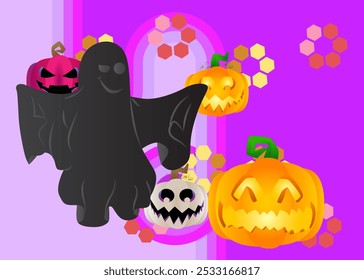 Retro 70s Background with Halloween Jack O' Lantern Pumpkin and Ghost. Groovy Spooky Halloween. 1970s art template. Minimalistic Vintage design poster. Old-fashioned color artwork.