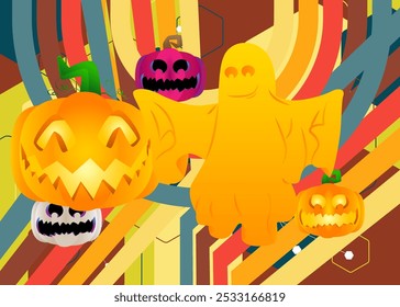 Retro 70s Background com Halloween Jack O' Lantern Pumpkin e Ghost. Dia das Bruxas assustador Groovy. Modelo de arte dos anos 70. Cartaz de design minimalista Vintage. Arte colorida antiquada.