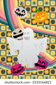 Retro 70s Background com Halloween Jack O' Lantern Pumpkin e Ghost. Dia das Bruxas assustador Groovy. Modelo de arte dos anos 70. Cartaz de design minimalista Vintage. Arte colorida antiquada.