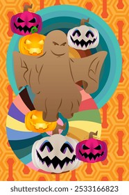 Retro 70s Background com Halloween Jack O' Lantern Pumpkin e Ghost. Dia das Bruxas assustador Groovy. Modelo de arte dos anos 70. Cartaz de design minimalista Vintage. Arte colorida antiquada.