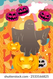 Retro 70s Background com Halloween Jack O' Lantern Pumpkin e Ghost. Dia das Bruxas assustador Groovy. Modelo de arte dos anos 70. Cartaz de design minimalista Vintage. Arte colorida antiquada.