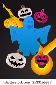 Retro 70s Background com Halloween Jack O' Lantern Pumpkin e Ghost. Dia das Bruxas assustador Groovy. Modelo de arte dos anos 70. Cartaz de design minimalista Vintage. Arte colorida antiquada.