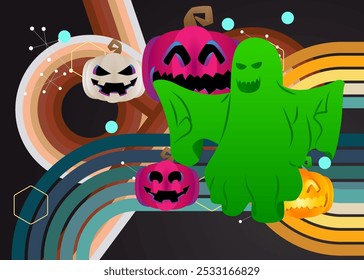 Retro 70s Background com Halloween Jack O' Lantern Pumpkin e Ghost. Dia das Bruxas assustador Groovy. Modelo de arte dos anos 70. Cartaz de design minimalista Vintage. Arte colorida antiquada.