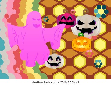 Retro 70s Background com Halloween Jack O' Lantern Pumpkin e Ghost. Dia das Bruxas assustador Groovy. Modelo de arte dos anos 70. Cartaz de design minimalista Vintage. Arte colorida antiquada.