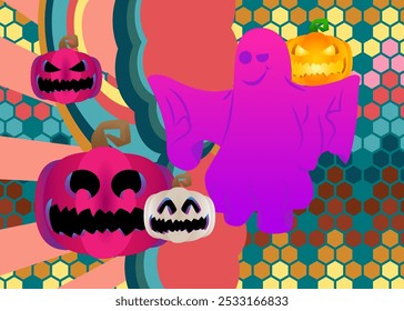 Retro 70s Background com Halloween Jack O' Lantern Pumpkin e Ghost. Dia das Bruxas assustador Groovy. Modelo de arte dos anos 70. Cartaz de design minimalista Vintage. Arte colorida antiquada.