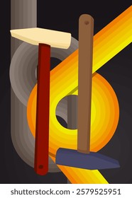 Retro 70s Background with Hammer. Groovy Construction 1970s art template. Minimalistic Vintage design poster. Old-fashioned color artwork.