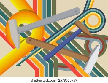 Retro 70s Background with Hammer. Groovy Construction 1970s art template. Minimalistic Vintage design poster. Old-fashioned color artwork.