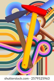 Retro 70s Background with Hammer. Groovy Construction 1970s art template. Minimalistic Vintage design poster. Old-fashioned color artwork.