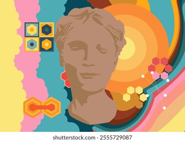 Retro 70s Background with Head Sculpture. Groovy Greek style statue. 1970s art template. Minimalistic Vintage design poster. Old-fashioned color artwork.