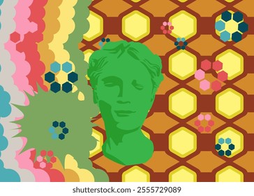 Retro 70s Background with Head Sculpture. Groovy Greek style statue. 1970s art template. Minimalistic Vintage design poster. Old-fashioned color artwork.