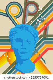 Retro 70s Background with Head Sculpture. Groovy Greek style statue. 1970s art template. Minimalistic Vintage design poster. Old-fashioned color artwork.