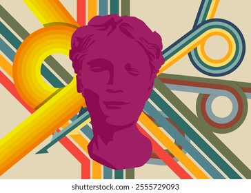 Retro 70s Background with Head Sculpture. Groovy Greek style statue. 1970s art template. Minimalistic Vintage design poster. Old-fashioned color artwork.