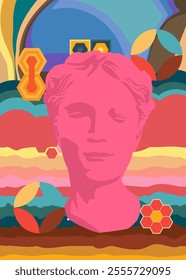 Retro 70s Background with Head Sculpture. Groovy Greek style statue. 1970s art template. Minimalistic Vintage design poster. Old-fashioned color artwork.