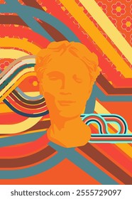 Retro 70s Background with Head Sculpture. Groovy Greek style statue. 1970s art template. Minimalistic Vintage design poster. Old-fashioned color artwork.