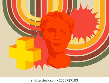 Retro 70s Background with Head Sculpture. Groovy Greek style statue. 1970s art template. Minimalistic Vintage design poster. Old-fashioned color artwork.