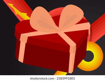 Retro 70s Background with Heart shaped gift box. Groovy Valentine's Day 1970s art template. Minimalistic Vintage design poster. Old-fashioned color artwork.