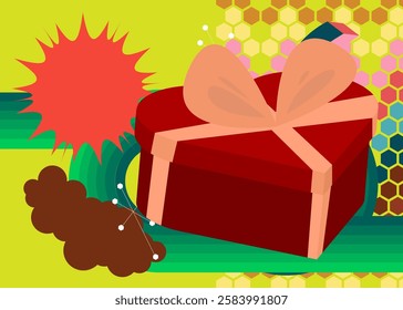 Retro 70s Background with Heart shaped gift box. Groovy Valentine's Day 1970s art template. Minimalistic Vintage design poster. Old-fashioned color artwork.