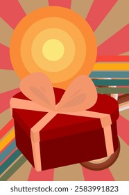 Retro 70s Background with Heart shaped gift box. Groovy Valentine's Day 1970s art template. Minimalistic Vintage design poster. Old-fashioned color artwork.