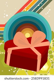 Retro 70s Background with Heart shaped gift box. Groovy Valentine's Day 1970s art template. Minimalistic Vintage design poster. Old-fashioned color artwork.