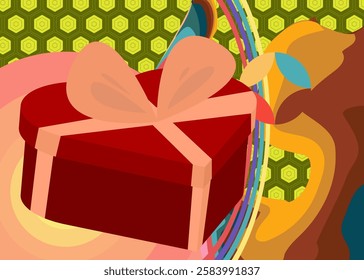 Retro 70s Background with Heart shaped gift box. Groovy Valentine's Day 1970s art template. Minimalistic Vintage design poster. Old-fashioned color artwork.