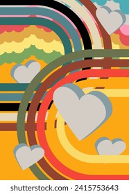 Retro 70s Background with hearts. Groovy Valentine's Day 1970s art template. Minimalistic Vintage design poster. Old-fashioned color artwork.