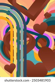 Retro 70s Background with Hearts. Groovy Love. 1970s art template. Minimalistic Vintage design poster. Old-fashioned color artwork.