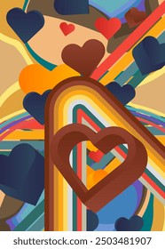 Retro 70s Background with Hearts. Groovy Love. 1970s art template. Minimalistic Vintage design poster. Old-fashioned color artwork.