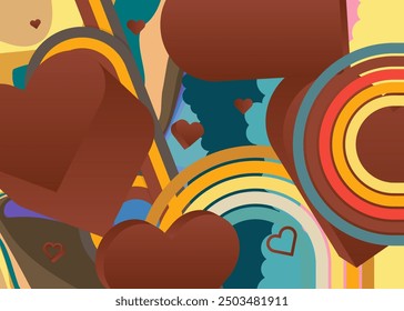 Retro 70s Background with Hearts. Groovy Love. 1970s art template. Minimalistic Vintage design poster. Old-fashioned color artwork.
