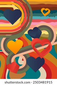 Retro 70s Background with Hearts. Groovy Love. 1970s art template. Minimalistic Vintage design poster. Old-fashioned color artwork.