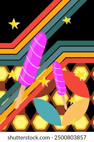 Retro 70s Background with Ice Cream. Groovy Summer Food. 1970s art template. Minimalistic Vintage design poster. Old-fashioned color artwork.