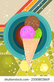 Retro 70s Background with Ice Cream. Groovy Summer Food. 1970s art template. Minimalistic Vintage design poster. Old-fashioned color artwork.