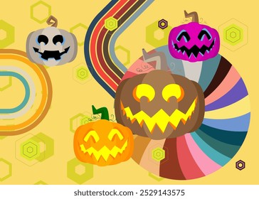 Cópia arquivada em 17 de julho de 2013 "Retro 70s Background with Jack O' Lantern" . Abóbora de Halloween Groovy. Modelo de arte dos anos 70. Cartaz de design minimalista Vintage. Arte colorida antiquada.