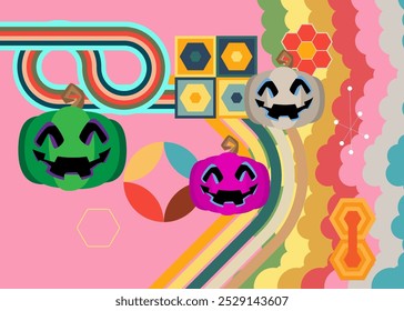 Cópia arquivada em 17 de julho de 2013 "Retro 70s Background with Jack O' Lantern" . Abóbora de Halloween Groovy. Modelo de arte dos anos 70. Cartaz de design minimalista Vintage. Arte colorida antiquada.