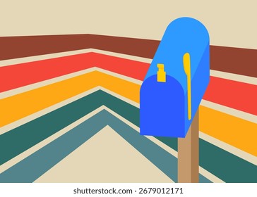 Plano de fundo retro 70s com caixa de correio. Modelo de arte Groovy 1970. Cartaz de design minimalista Vintage. Arte colorida antiquada.