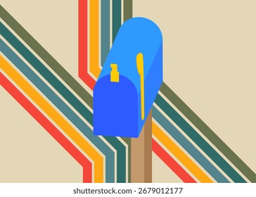 Plano de fundo retro 70s com caixa de correio. Modelo de arte Groovy 1970. Cartaz de design minimalista Vintage. Arte colorida antiquada.
