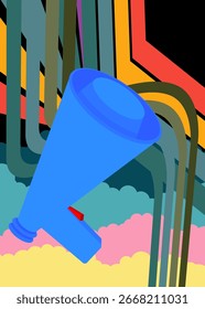 Retro 70s Background with Megaphone. Groovy Communication 1970s art template. Minimalistic Vintage design poster. Old-fashioned color artwork.