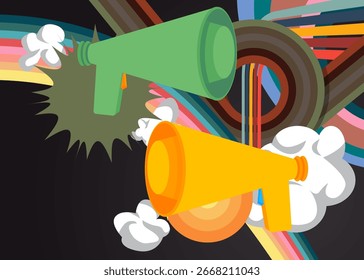 Retro 70s Background with Megaphone. Groovy Communication 1970s art template. Minimalistic Vintage design poster. Old-fashioned color artwork.