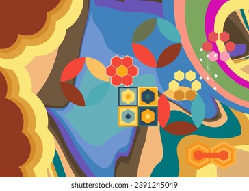 Retro 70s background with minimalistic vintage groovy abstract 1970s art. Old-fashioned rainbow color artwork.
